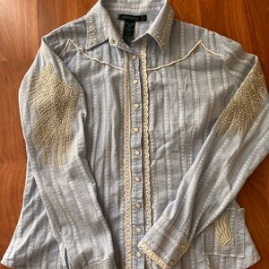 Blue Western Shirt with Gold Embellishments